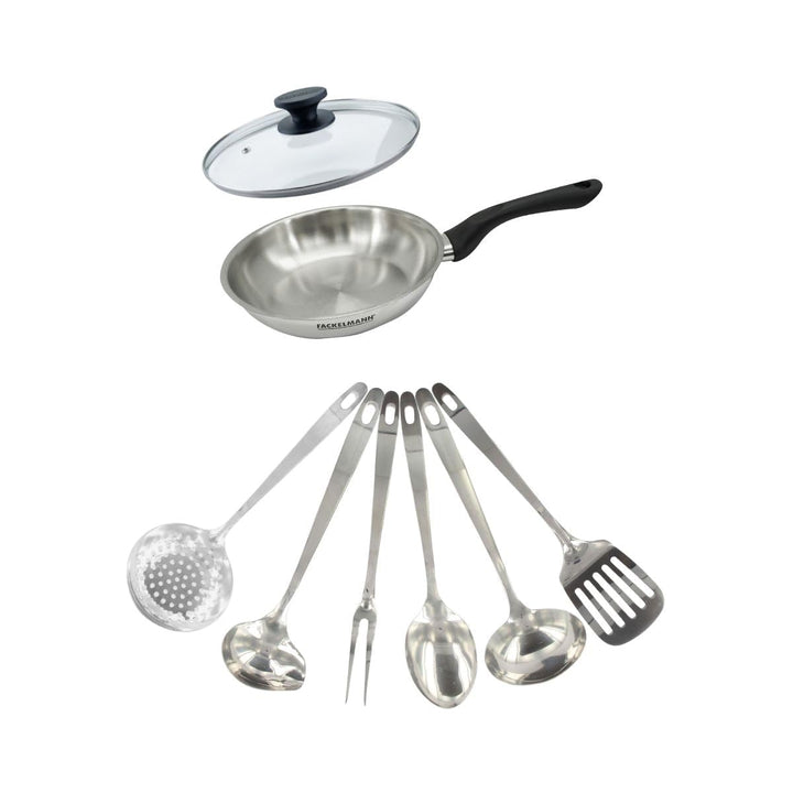 Fackelmann 9445350 Pfannenset 20 cm aus Edelstahl 18/8, Glasdeckel und 6 Edelstahlutensilien, Bratpf