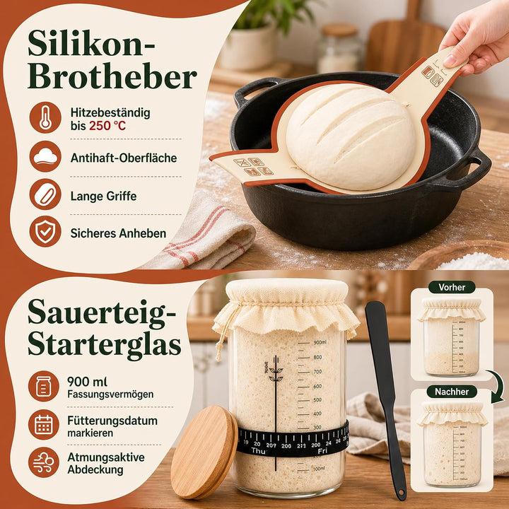 Markenname Sauerteig Starter Set, 2 Gärkörbchen 25 cm und Starterglas | Runder und ovaler Gärkorb au