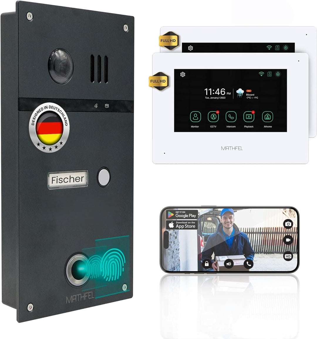 MATHFEL 4 Draht Video Fingerprint Türsprechanlage Gegensprechanlage Fischaugenkamera 170 Grad Aussen