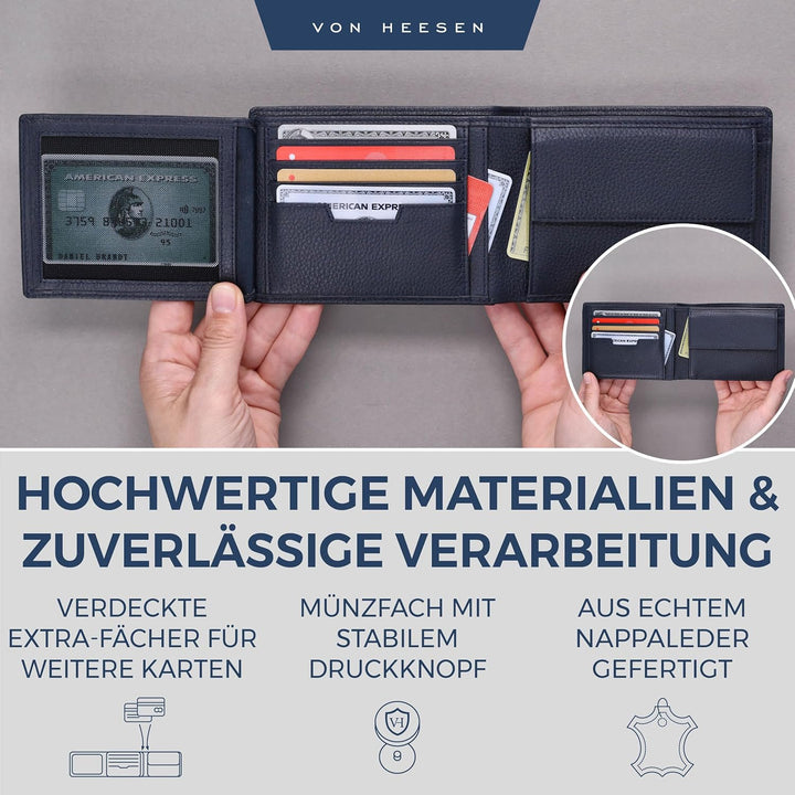 VON HEESEN Leder Geldbörse Herren mit RFID Schutz I Echtleder Geldbeutel für Männer I Münzbörse Port