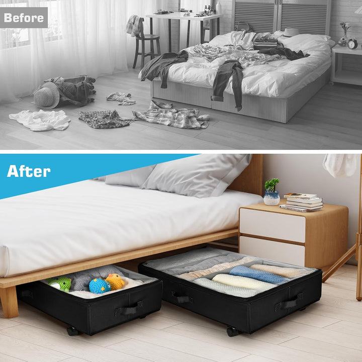 2 Stück Unterbett Aufbewahrung, Unterbettkommode mit Rollen 360° Drehung and Metallrahmen, Faltbare