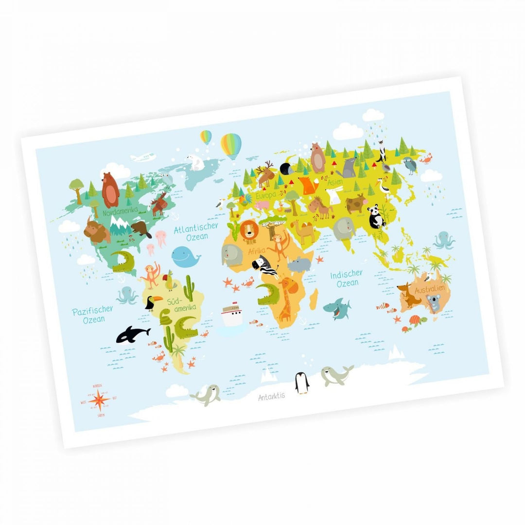 nikima - Kinder Weltkarte modern in 3 Grössen A3/A2/A1 Poster Plakat Tiere Erde Wandbild Kinderzimme