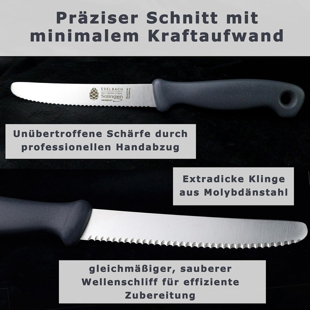 Edelbach Solingen Küchenmesser Set | 'Perfect' Frühstücksmesser m. Wellenschliff | Ultrascharf Messe