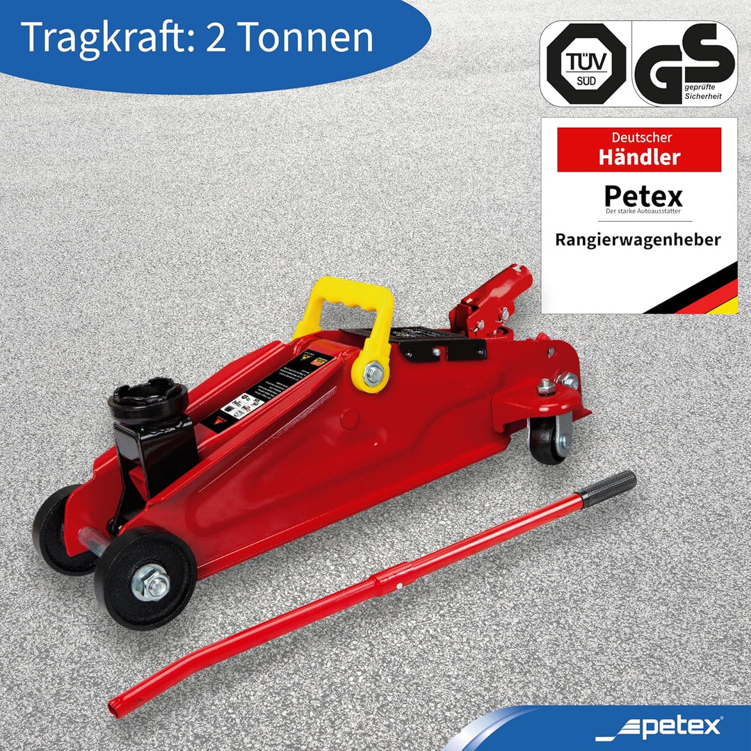 PETEX Rangierwagenheber, 2 T, hydraulisch + 2X Unterstellböcke, höhenverstellbar und faltbar, 2 T, r