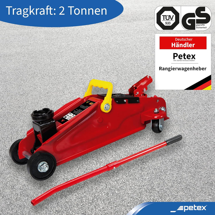 PETEX Rangierwagenheber, 2 T, hydraulisch + 2X Unterstellböcke, höhenverstellbar und faltbar, 2 T, r