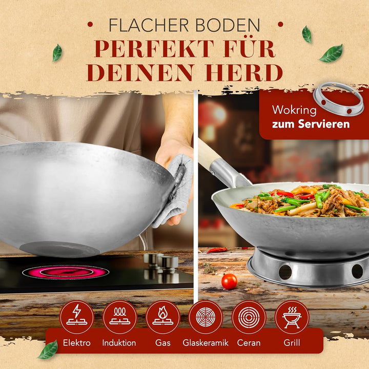 KRUSTENZAUBER 30cm Wokpfanne Induktion flacher Boden - Traditionelle Stahlwokpfanne mit Wokwender u.
