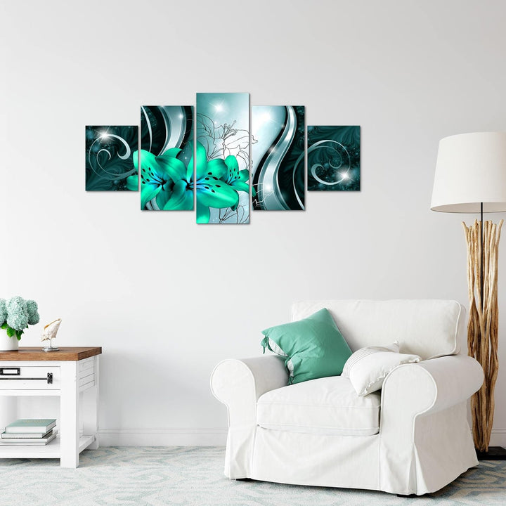Runa Art Wandbilder Blumen Lilien 5 Teilig Bild auf Vlies Leinwand Deko Wohnzimmer Abstrakt Grün Sch