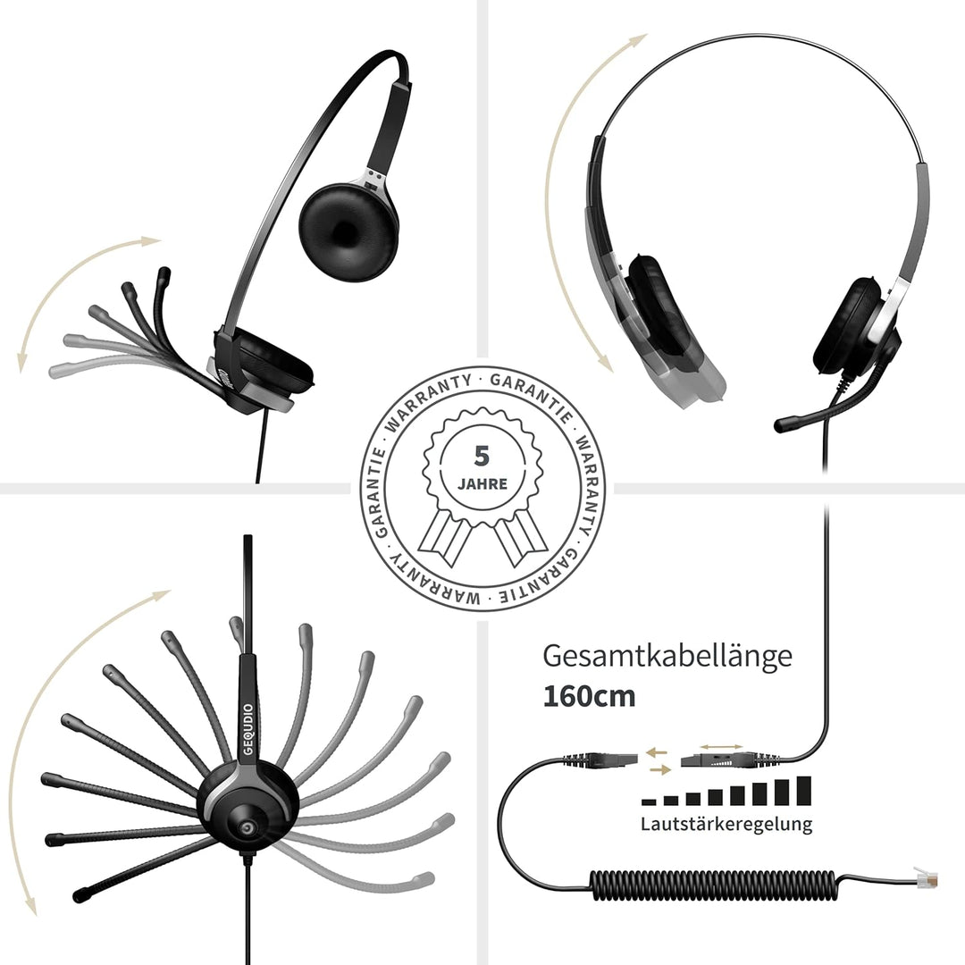 GEQUDIO Headset kompatibel mit Cisco Telefon - inklusive RJ Kabel - Kopfhörer & Mikrofon mit Ersatz