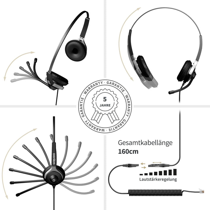GEQUDIO Headset kompatibel mit Cisco Telefon - inklusive RJ Kabel - Kopfhörer & Mikrofon mit Ersatz