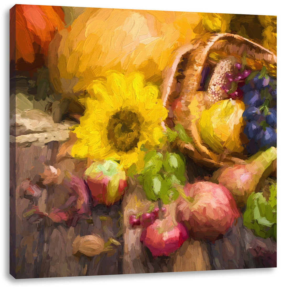 Pixxprint Herbstlicher Obstkorb Pinsel Effekt, Format: 70x70 auf Leinwand, 70x70