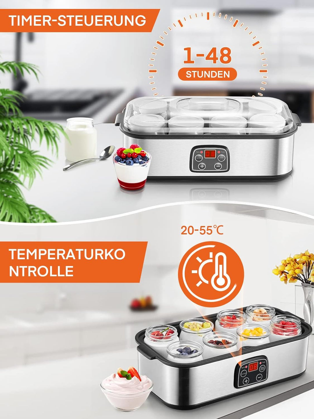 Joghurtmaschine, Griechische Joghurtbereiter mit 8 Gläsern/Deckeln, One-Touch-Display: Perfekt für o