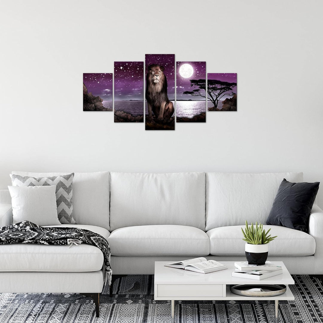 Runa Art Wandbilder Afrika Löwe 5 Teilig Bild auf Vlies Leinwand Deko Wohnzimmer Schlafzimmer Mond L