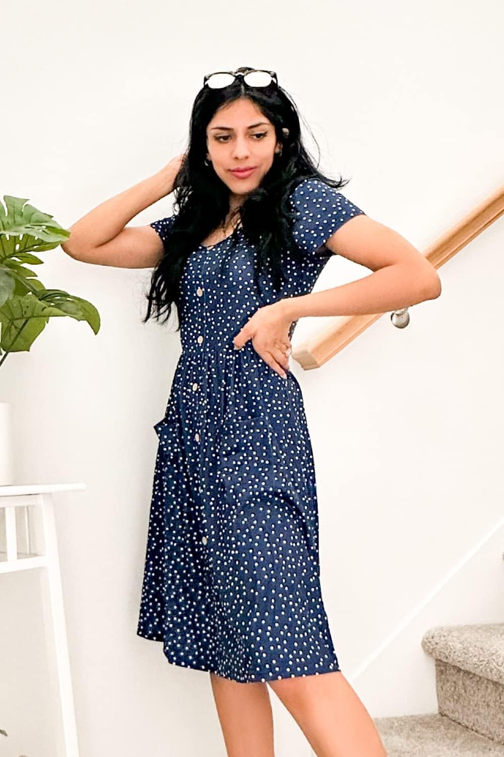 OUGES Sommerkleid Damen Casual Kleid V-Ausschnitt Midi Kleider Knopfleiste Freizeitkleid mit Taschen