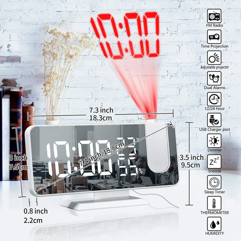 YUNYODA Projektionswecker, digitaler LED-Wecker mit Spiegelfläche, USB-Ladeanschluss, Wiederholung,