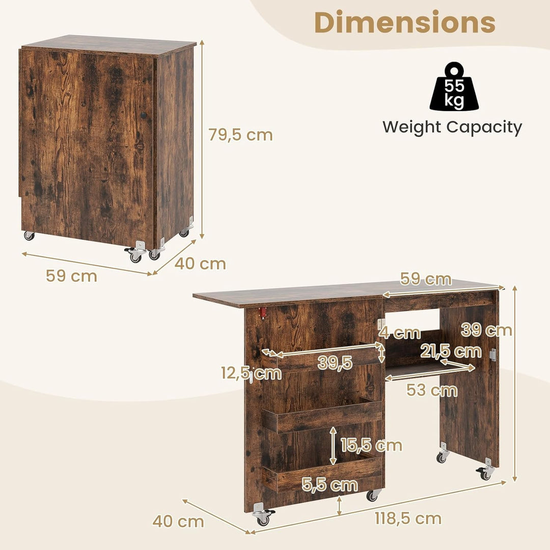 GIANTEX Nähtisch klappbar, Nähmaschinentisch auf Rollen, Nähtisch für Nähmaschine, Nähschrank Holz,