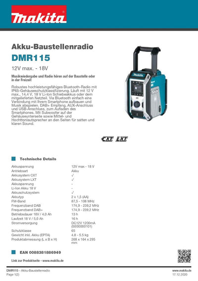 Makita DMR115 Akku-Baustellenradio (ohne Akku, ohne Ladegerät) Single