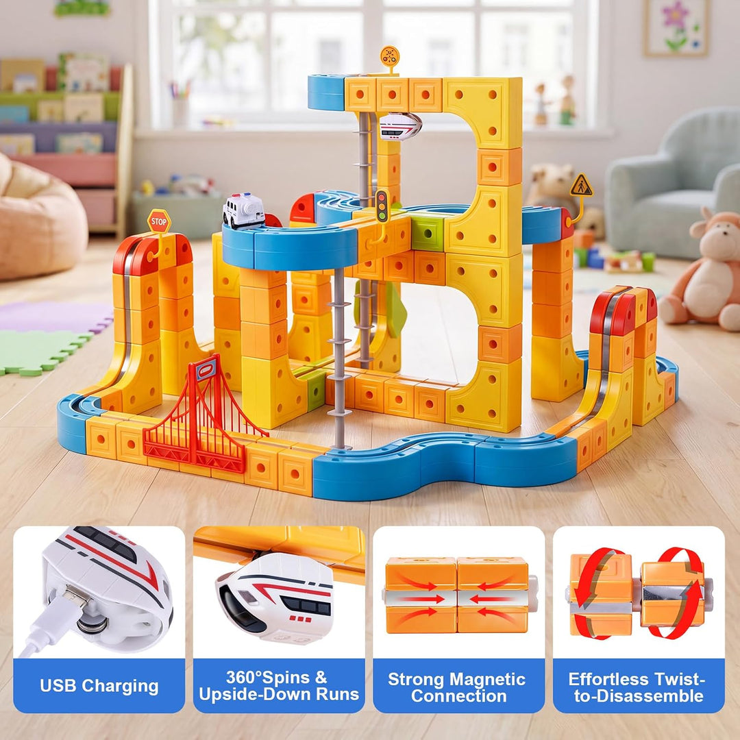 Eisenbahn Elektrisch Cube Track, DIY Magnetische Zugstrecken-Set, Electric Train Set Spielzeug ab 3