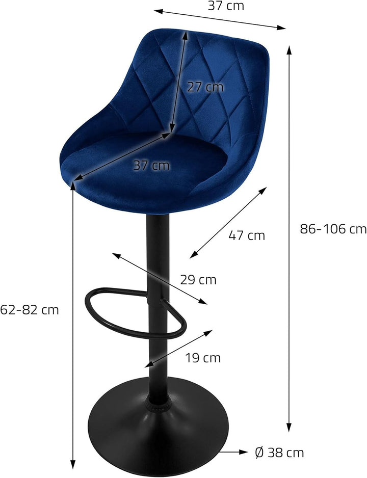 ML-Design Barhocker 2er Set, Bezug aus Samt, Blau, Gepolsterter Barstuhl mit Rückenlehne und Fussstü