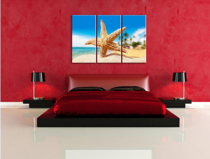 Pixxprint Seestern Palm Beach als Leinwandbild/Grösse: 3 Teilig (120x80) / Wandbild/Kunstdruck/ferti