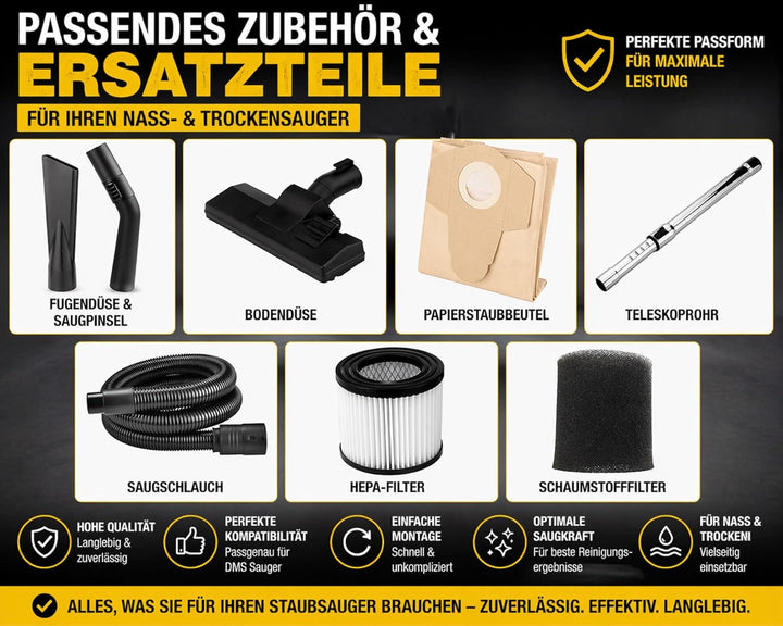 DMS Industriestaubsauger mit 2300 Watt | Nasssauger | Trockensauger | Edelstahl | Blasfunktion | Fil