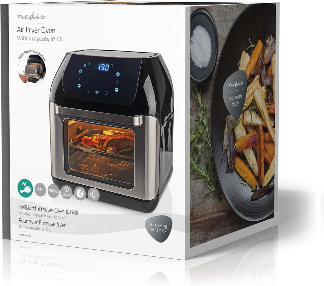 Nedis KAAFO300EBK Heissluftfritteuse – 12L – 1500W – Touchscreen – 9 Programme – Mit Drehspiess – Sc