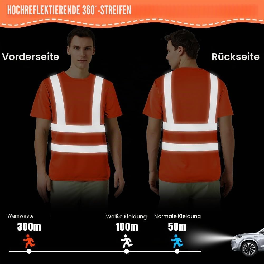 AUYAO Profi Warnschutz T-Shirt Warnkleidung Leicht Kurzarmshirt Kurzarm Hohe Sichtbarkeit Arbeitsshi