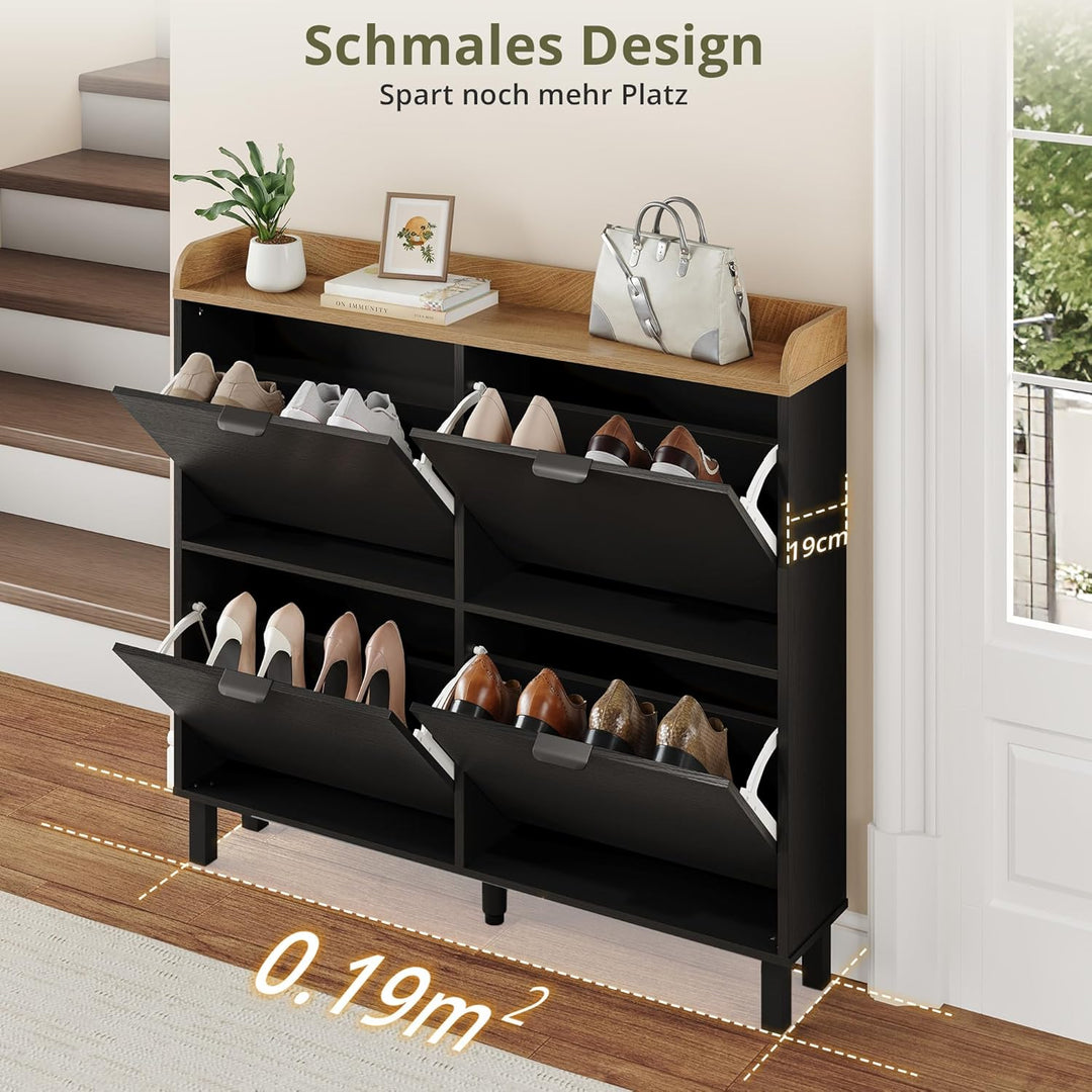 LUE BONA Schuhschrank schmal, Schuhschrank mit 4 Flip-Klappen, Schuhkipper mit Holzfüssen, Schuhrega