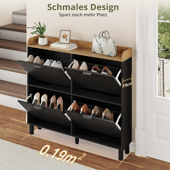 LUE BONA Schuhschrank schmal, Schuhschrank mit 4 Flip-Klappen, Schuhkipper mit Holzfüssen, Schuhrega