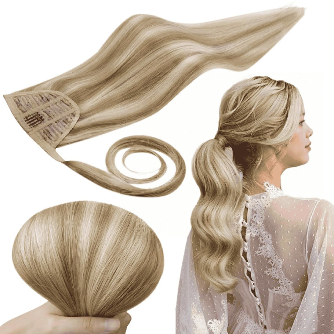 RUNATURE Extensions Echthaar Zopf Blond Highlight 50cm Lang Haar Extensions Echthaar Zopf Remy Pferd