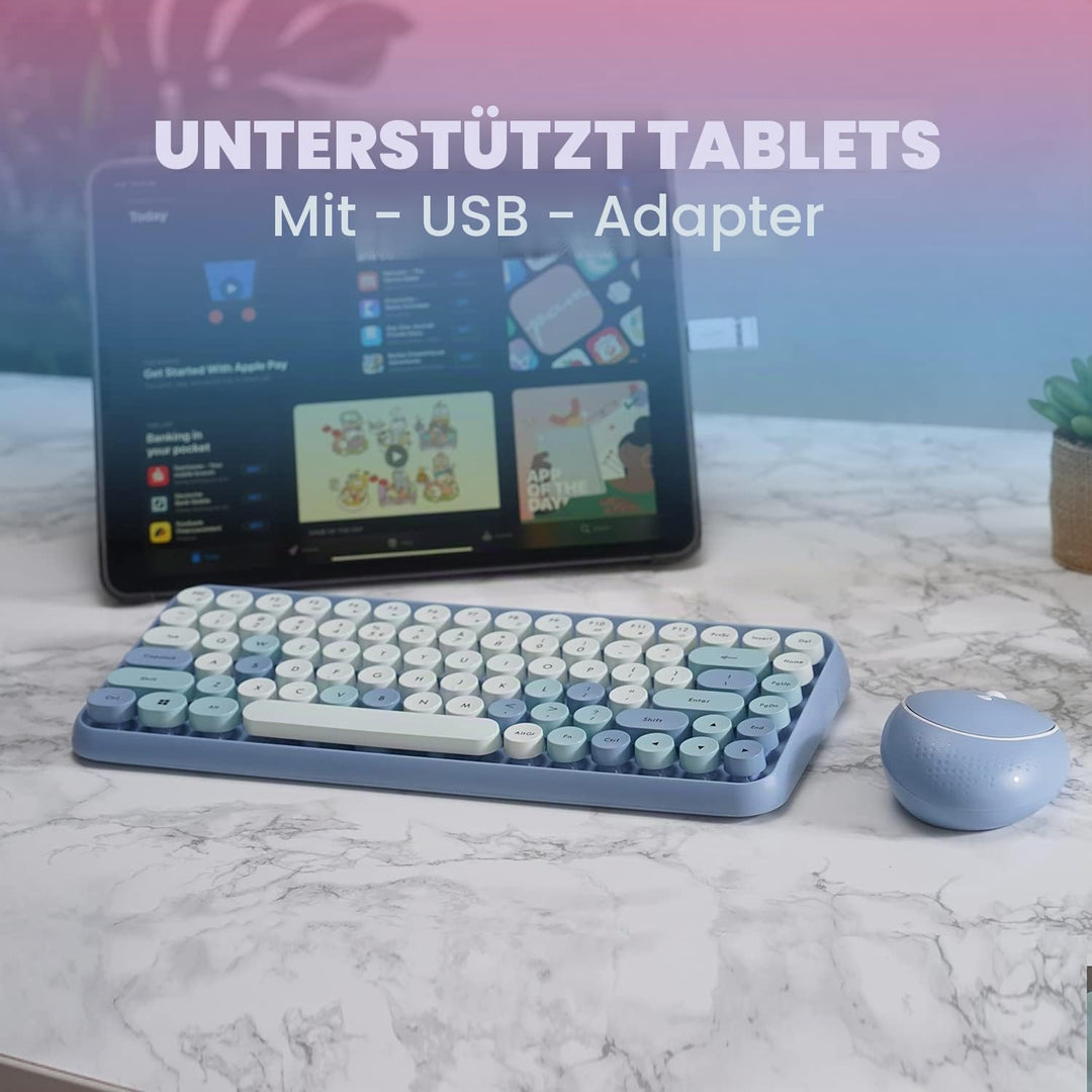 Perixx PERIDUO-713BL Wireless Mini Keyboard and Mouse Combo - Retro Round Key Caps - Pastel Blue - U