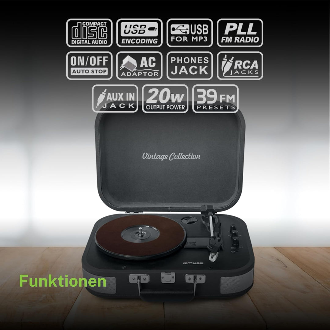 MUSE MT-201 Retro Plattenspieler mit Bluetooth, eingebaute Stereo Lautsprecher und USB (RCA-Ausgang,