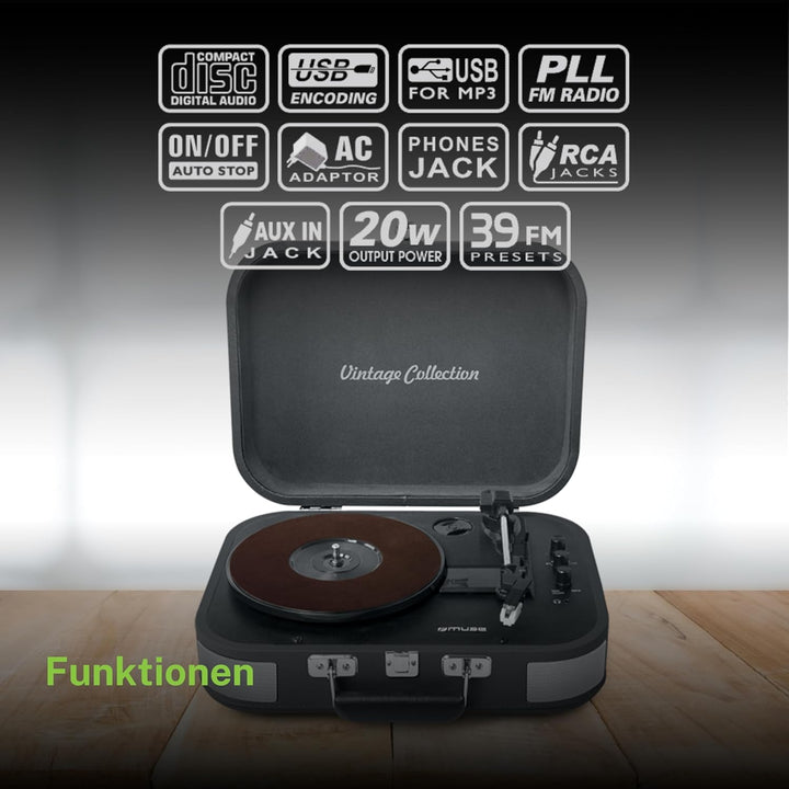 MUSE MT-201 Retro Plattenspieler mit Bluetooth, eingebaute Stereo Lautsprecher und USB (RCA-Ausgang,