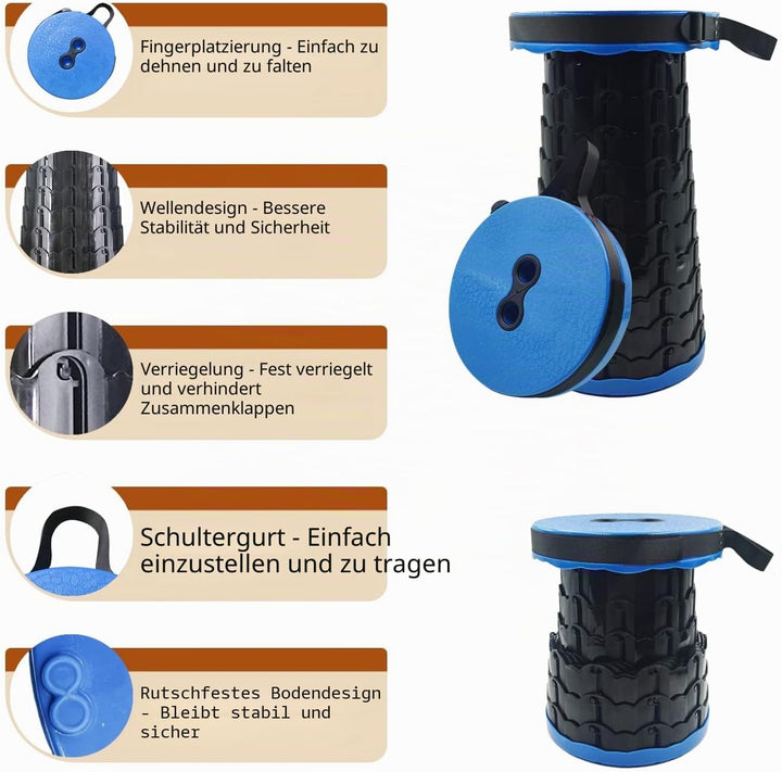 Campinghocker Tragbarer Klapphocker Faltbar, Blau Teleskophocker Einziehbarer Sitz für Camping, Gril