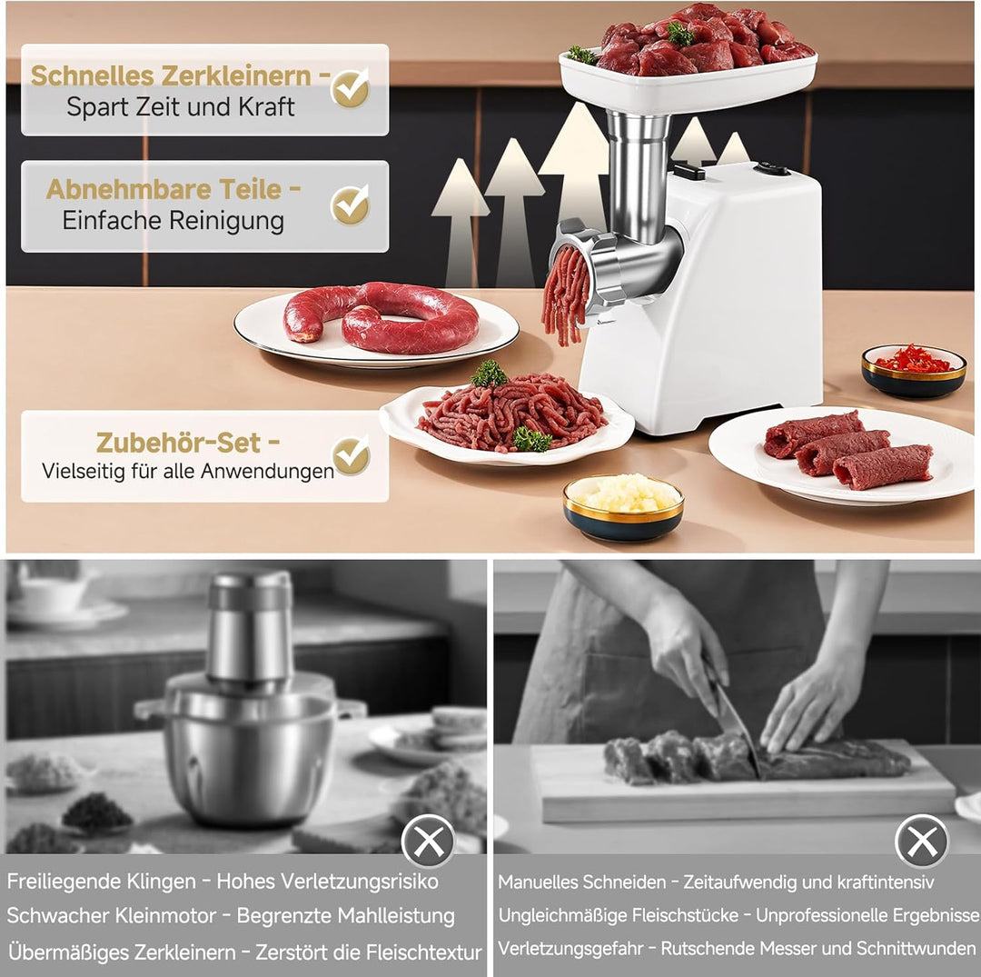 AMZCHEF Fleischwolf Elektrisch für Zuhause - mit 3 Platten, Wurstfüller & Kubbe-Kit | Ideal für Hack