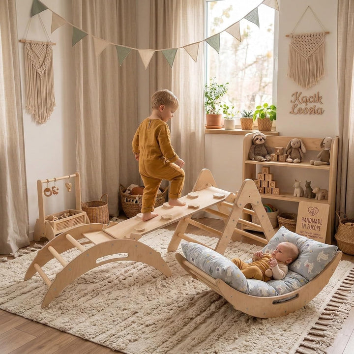 WoodsCraft 5in1 Set: Kletterbogen mit Kissen, Kletterdreieck, Rutsche/Rampe | Midi Set mit hypoaller