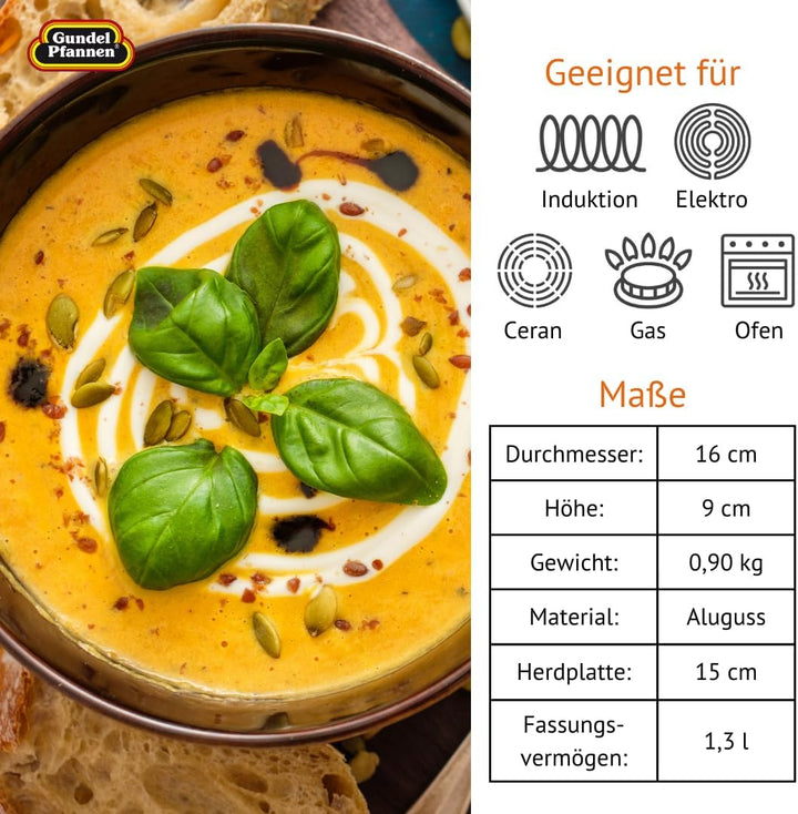 Original Gundel GUSS-MILCHTOPF INDUKTION, Ø 16 cm, Höhe 9 cm, Kasserolle mit Stiel, PFOA-frei, Akku-