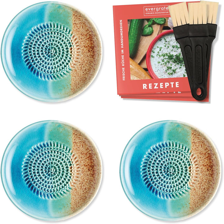 evergrate Keramikreibe 3er Verschenkset - 3 Tellerreiben Ocean mit Küchenpinseln und Rezeptheften, T