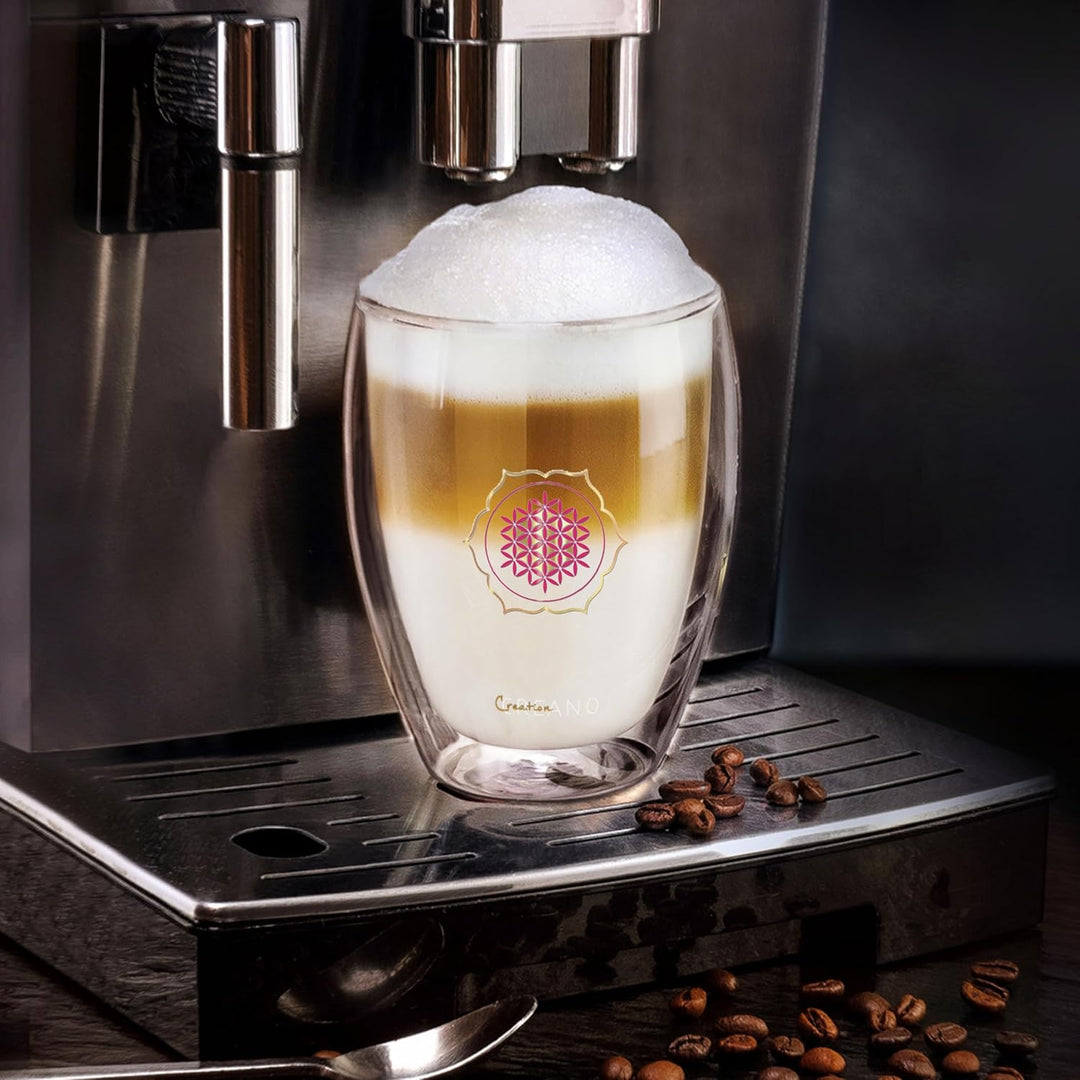 Creano doppelwandiges Tee-Glas, Latte Macchiato, Thermobecher Blume des Lebens | 250ml, in exklusive