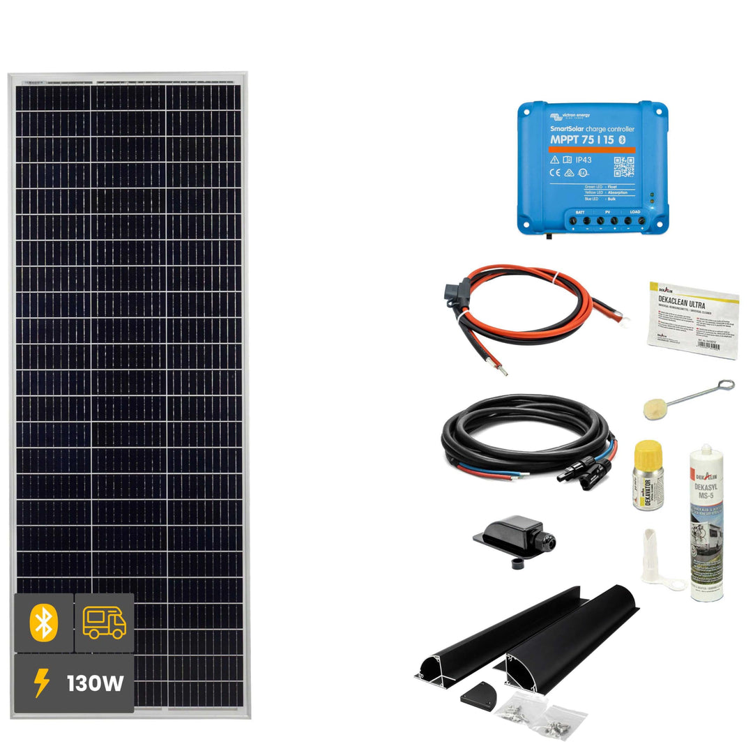 WATTSTUNDE SOLA Mono 130W Wohnmobil Solaranlage Komplett-Set, Victron MPPT Laderegler, Monokristalli