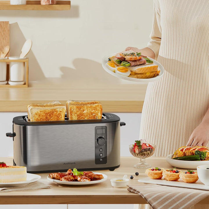 Toaster 4 Scheiben, Countdown-Timer, 6 Bräunungsstufen, integrierter Warmhalterost, Auftau-/Aufwärm-