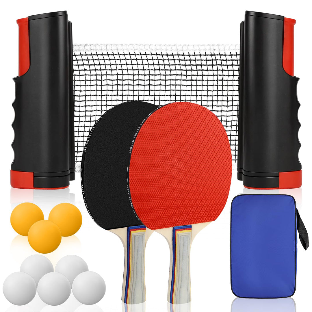 CHRI Tischtennis Set Tischtennisschläger Set mit Einziehbarem Netz 2 Tischtennisschläger 6 Tischtenn