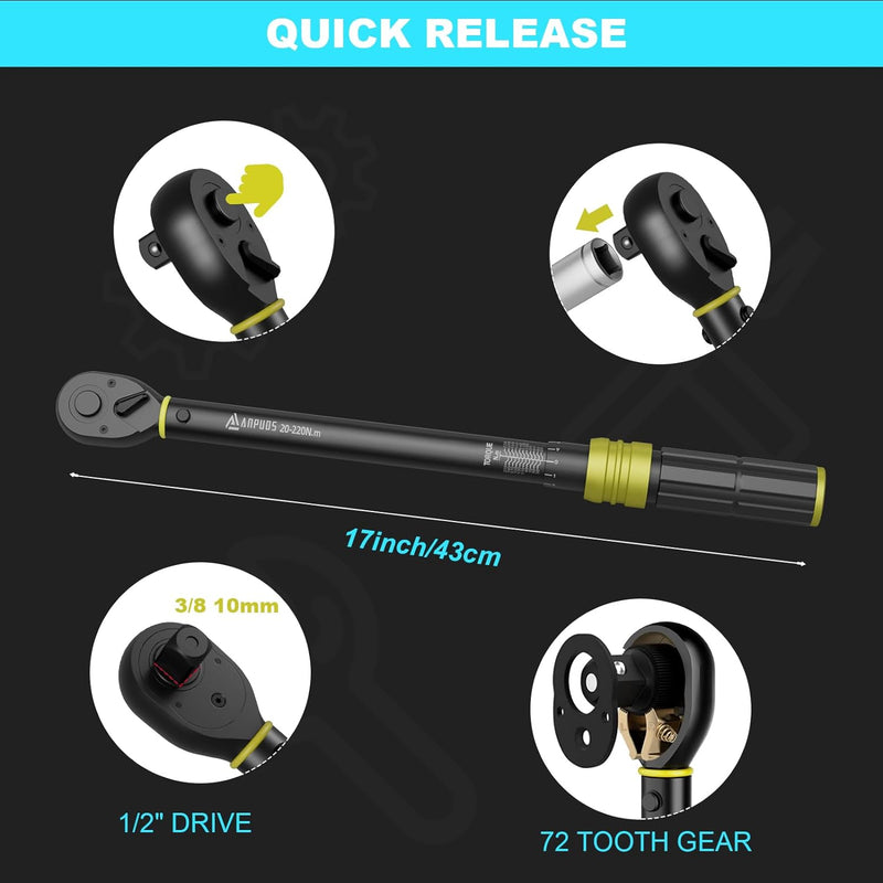 ANPUDS Drehmomentschlüssel 1/2 Zoll, 20-220 Nm, ±3% Fehlergenauigkeit, 72 Zähne Reifenschlüssel Tool