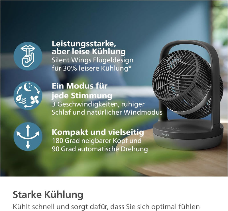 Philips Oszillierender Tischventilator Serie 3000. Starke & superleise SilentWings Technologie. 23dB