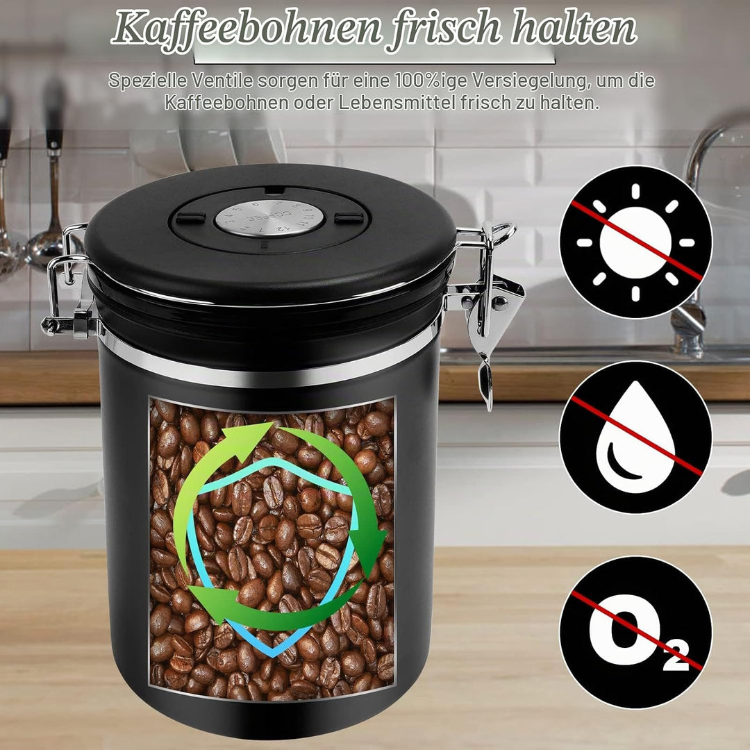 Kaffeedose Luftdicht aus Edelstahl 1,8L, Kaffee Dose Behälter mit Löffel，Bürste und Zeiterfassung Sp