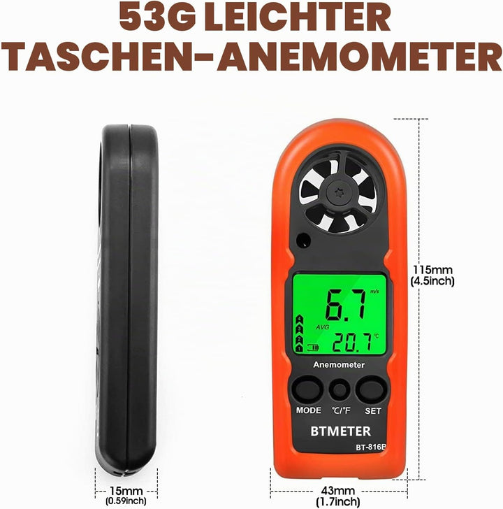BTMETER Anemometer Handheld, BT-816B Digitaler Windmesser windmessgerät 0.3~30 m/s misst Windgeschwi