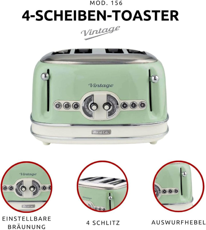 Ariete,156 Toaster im Vintage-Design für 4 Scheiben, 1600 W, 6 Toaststufen, aus lackiertem Edelstahl