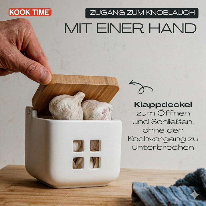 KOOK TIME Knoblauch Dose - Matt Weiss Keramik Knoblauchtopf mit Bambusholz Deckel, Perfekte Knoblauc