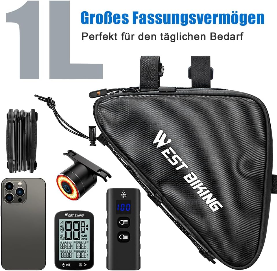 Fahrrad Rahmentasche Dreieckstasche 1L – wasserdichte Rahmentasche mit TPU-Reissverschluss, schmale