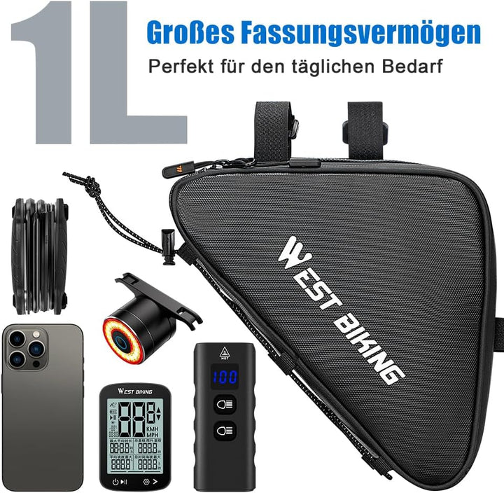 Fahrrad Rahmentasche Dreieckstasche 1L – wasserdichte Rahmentasche mit TPU-Reissverschluss, schmale
