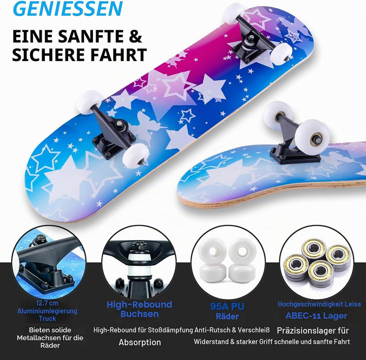 Skateboard, 31 x 8 Zoll komplettes Skateboard,8-lagiges Ahornholz, ABEC-11 Kugellager und 95A Rollen